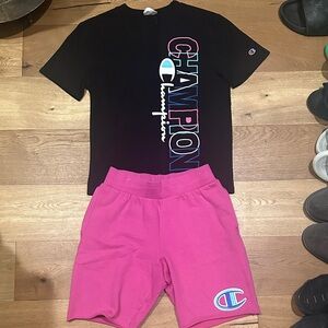 Champion Men’s Black Tee and Pink Shorts